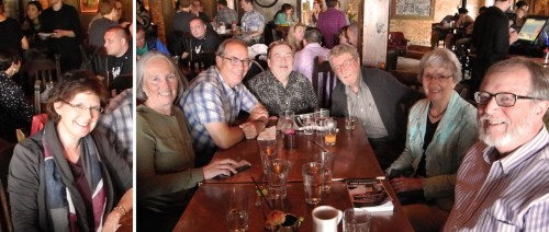 Brunch at the Aster Cafe. From the left: Stacy Richardson, Joanne Slavin, Mark Enstrom, Joe Dixon, Henry Blackburn, Carrie D'Andrea (Keys), Julian D'Andrea, 